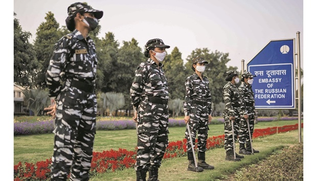 Police stand guard near the Russian embassy in anticipation of a demonstration called to stop the Russian invasion of Ukraine in New Delhi yesterday.