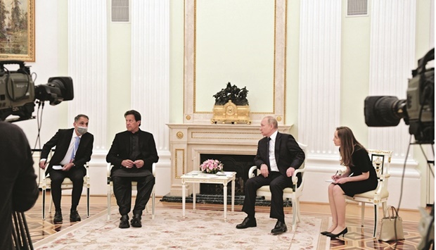 Pakistanu2019s Prime Minister Imran Khan with Russiau2019s President Vladimir Putin at their meeting in Moscow on Thursday.