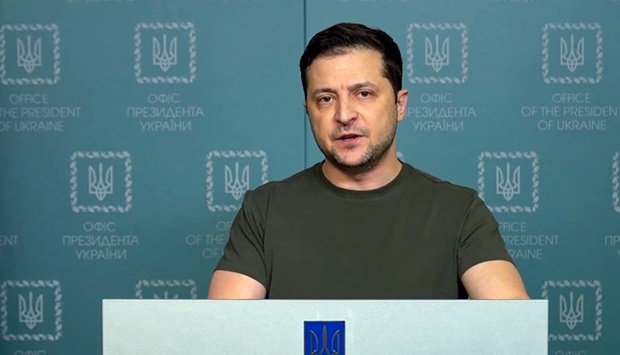 This handout video grab taken and released by the Ukraine Presidency press service shows Ukrainian President Volodymyr Zelensky delivering an address in Kyiv.