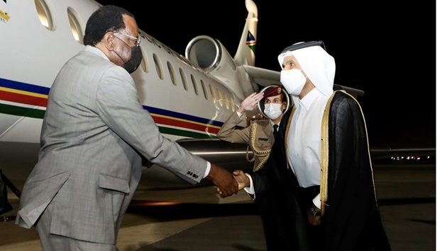 The visiting president and his accompanying delegation were welcomed upon arrival at Doha International Airport by HE the Minister of State for Energy Affairs Saad bin Sherida al-Kaabi and Qatar's non-resident ambassador to Namibia Tariq Ali al-Ansari.