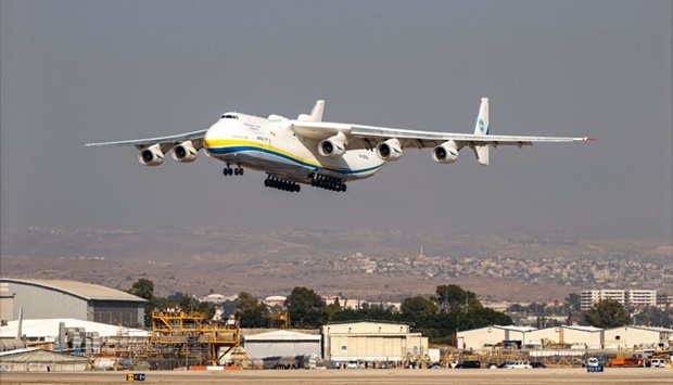A view of the Soviet-built Antonov Airlines Antonov An-225 Mriya strategic airlift cargo aircraft, the world's largest cargo plane, as it lands at Israel's Ben Gurion International Airport in Lod, east of Tel Aviv on August 03, 2020. AFP