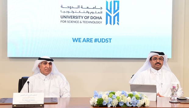 HE Dr Mohammed bin Saleh al-Sada, chairman of UDST Board of Trustees and former Minister of Energy and  Salem al-Naemi, UDST president make the announcement of the University of Doha for Science and Technology. PICTURE: Shaji Kayamkulam 