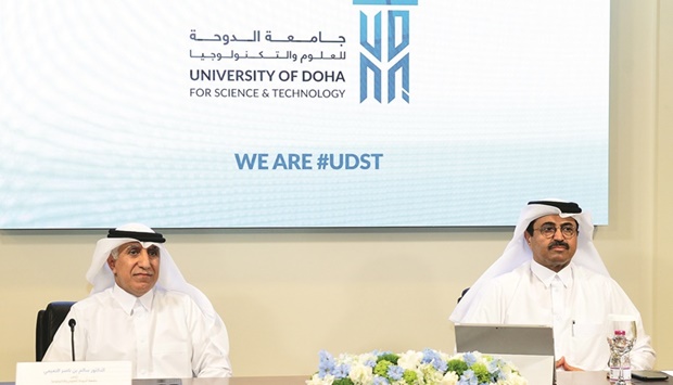 HE Dr Mohammed bin Saleh al-Sada and Dr Salem al-Naemi at the press conference.