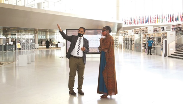 During the visit, she was briefed on the QNLu2019s architectural structure and the most important books it contains across various sciences, arts and literature, as well as the Heritage Library, Children's Library, and the library's Innovation Stations.