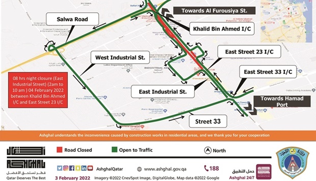 Ashghal has announced a 8 hours closure on East Industrial Street between Khalid Bin Ahmad Interchange and East Street 23 for traffic coming from Al Furousiya Street via Khalid Bin Ahmad Interchange underpass on Friday from 2 to 10 am.