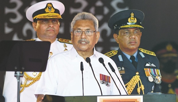 Sri Lankau2019s President Gotabaya Rajapaksa addresses the nation along with Navy Chief Nishantha Ulugetenne and Airforce Chief Sudarshana Pathirana during the Sri Lankau2019s 74th Independence Day celebrations in Colombo yesterday.