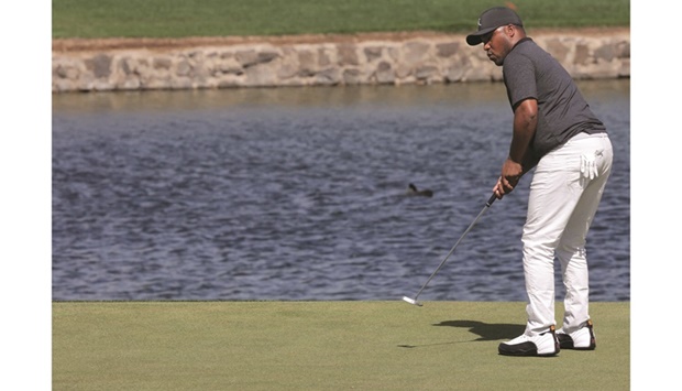 Harold Varner III of the US puts during the third round of the Saudi International at Royal Greens Golf at the King Abdullah Economic City in Saudi Arabia yesterday. (AFP)