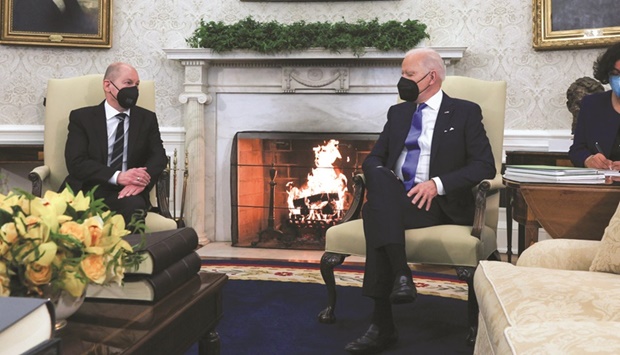 US President Joe Biden (right) with German Chancellor Olaf Scholz in the Oval Office at the White House in Washington yesterday. (Reuters)