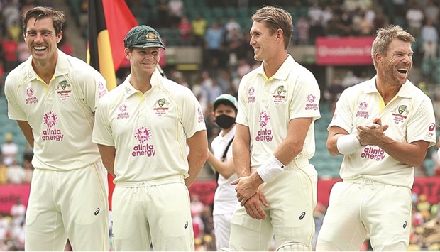 Australian Test captain Pat Cummins (left) with former skipper Steve Smith, Marnus Labuschagne and Dave Warner during recently held Ashes series.