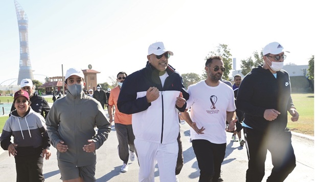 HE Hassan bin Abdullah al-Ghanim with other Shura Council members at the NSD celebration at Aspire Park on Tuesday. PICTURE: Shaji Kayamkulam