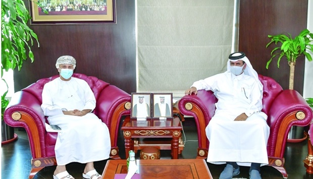Qatar Chamber first vice chairman Mohamed bin Towar al-Kuwari during a meeting with Ishaq bin Khalfan al-Busaidi, the head of the Commercial Representative of the Sultanate of Oman in Qatar.