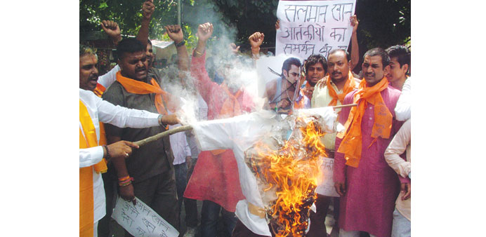 Right-wing Hindu Sena activists protest against Salman Khanu2019s tweets in New Delhi.