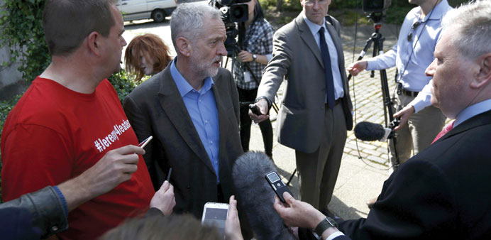 Jeremy Corbyn speaks to journalists in Aberdeen, Scotland yesterday.