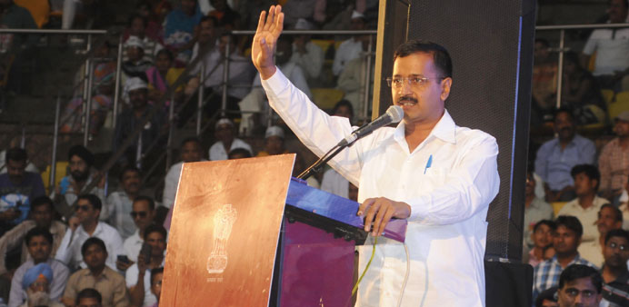 Kejriwal speaks at the launch of an anti-corruption helpline in New Delhi yesterday.