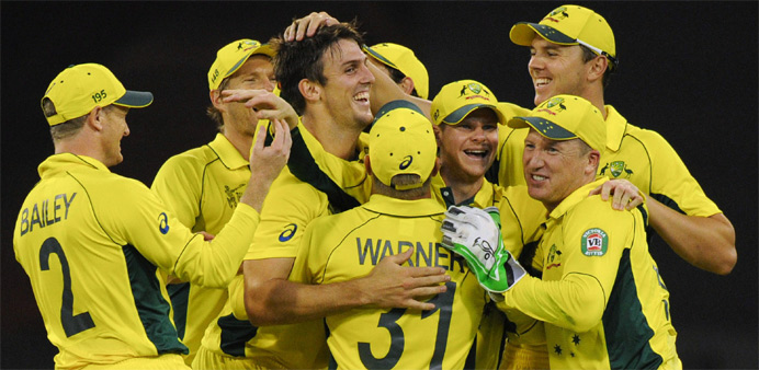 Australia's Mitchell Marsh (3rd L) celebrates with teammates 