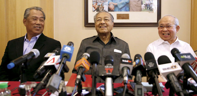 (Seated from left) UMNOu2019s Deputy President Muhyiddin Yassin, former prime minister Mahathir Mohamed and member of parliament Razaleigh Hamzah give a n