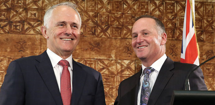 New Zealand Prime Minister John Key (right) and Australian Prime Minister Malcolm Turnbull smile during a press conference at Government House in Auck