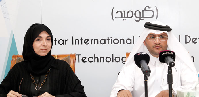 Ibteihaj al-Ahmadani and Khalifa al-Mohannadi addressing the press conference yesterday.