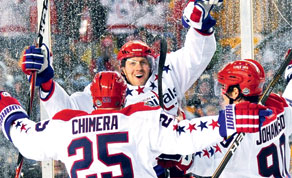 Washington Capitals' Alex Ovechkin, center, celebrates a goal by teammate  Eric Fehr in the first period of a 3-1 Capitals win over the Pittsburgh  Penguins in the NHL Winter Classic outdoor hockey