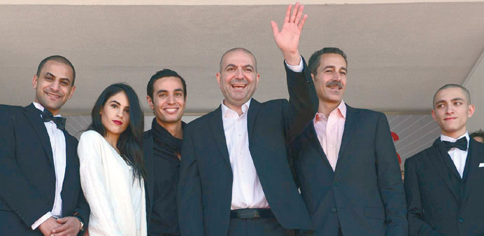Director Hany Abu-Assad and the cast of Omar arrive for the screening of the film at Cannes yesterday.