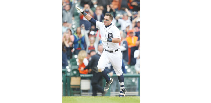 The Detroit Tigersu2019 James McCann celebrates his walk-off home run during the 11th inning against the Houston Astros on Thursday.