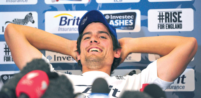 England captain Alastair Cook is in a relaxed mood as he addresses a press conference at Lordu2019s cricket ground in north London yesterday.