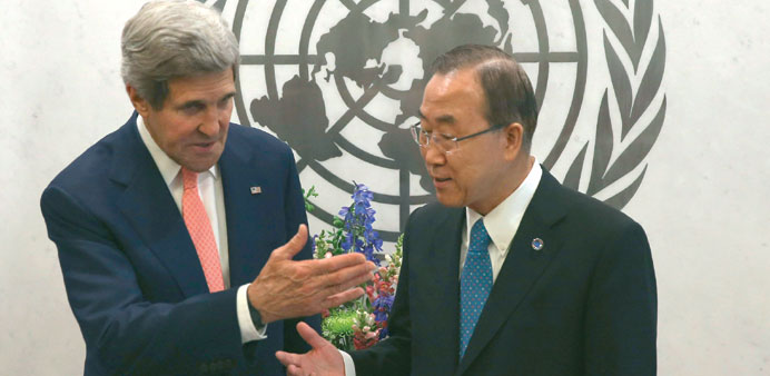 US Secretary of State John Kerry and UN Secretary General Ban Ki-moon meet ahead of a UN Security Council meeting in New York yesterday.