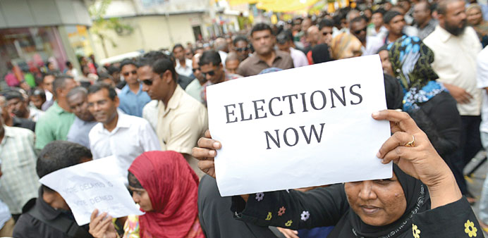 Supporters of former Maldivian president and presidential candidate Mohamed Nasheed of the Maldivian Democratic Party (MDP) staging a protest in Male 