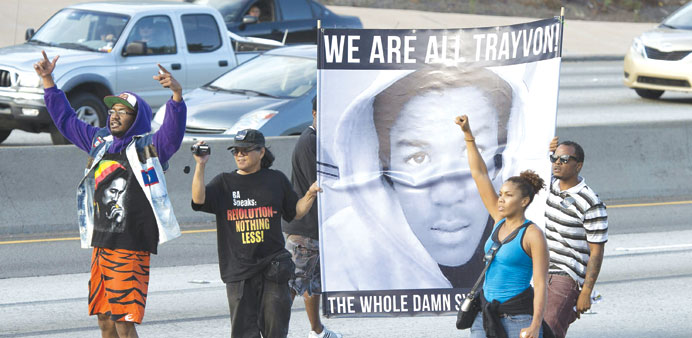 Demonstrators angry at the acquittal of George Zimmerman in the death of Trayvon Martin protesting in Los Angeles.