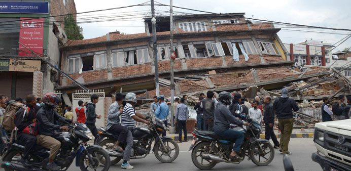 A collapsed building in Kathmandu after the earthquake yesterday.