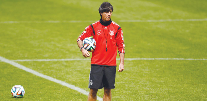 Germanyu2019s national football coach Joachim Loew watches his team during a training session in St. Martin, northern Italy. (Reuters)