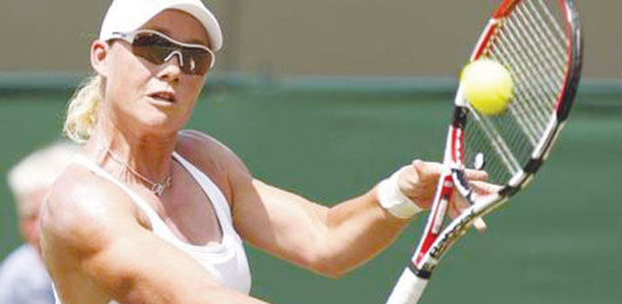 Samantha Stosur returns a shot to Varvara Lepchenko in the first round of the Southern California Open on Monday.