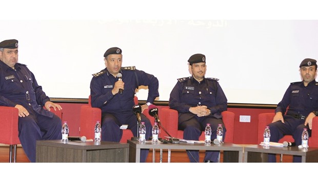Brigadier al-Kharji announce details of the GCC Traffic Week programmes yesterday in Doha as other officials look on.