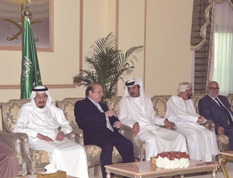HH the Emir Sheikh Tamim bin Hamad al-Thani with Pakistanu2019s Prime Minister Nawaz Sharif and other dignitaries in Saudi Arabia.