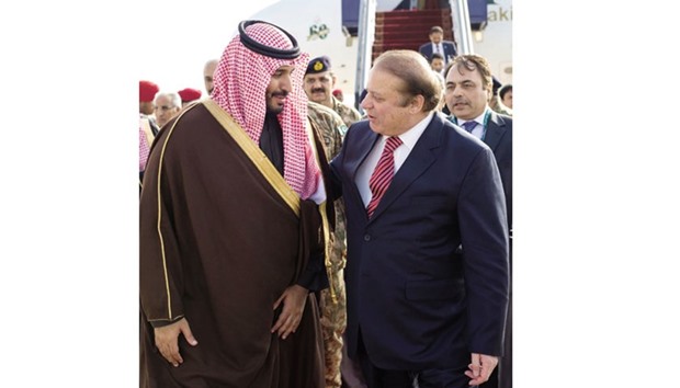 Saudi Deputy Crown Prince and Defence Minister Mohamed bin Salman receiving Pakistani Prime Minister Nawaz Sharif upon the latteru2019s arrival in Riyadh to attend the final exercises of Northern Thunder at Hafr al-Batin, 500km northeast of the capital Riyadh.