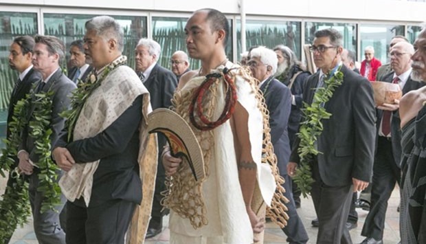 Delegates from Hawaii and New Zealand arriving with Indigenous Hawaiian garments gifted to Captain James Cook shortly before he was killed in the Pacific islands 237 years ago. The garments were handed back to their traditional owners at a ceremony in Wellington on Friday.