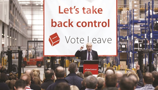London Mayor Boris Johnson speaks at a u201cOutu201d campaign event in favour of Britain leaving the European Union, at Europa Worldwide freight company in Dartford, yesterday.