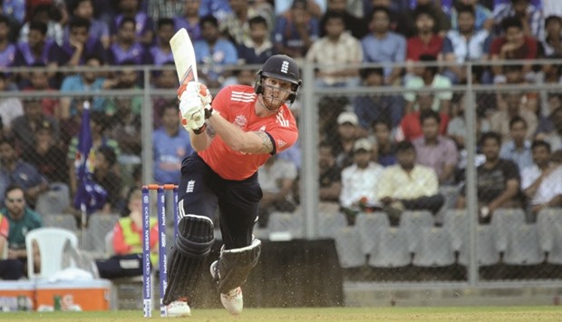 England all-rounder Ben Stokes plays a shot during yesterdayu2019s World T20 warm-up game against New Zealand in Mumbai. (IANS)