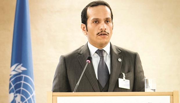 HE the Foreign Minister Sheikh Mohamed bin Abdulrahman al-Thani addressing the Human Rights Council session in Geneva on Monday.