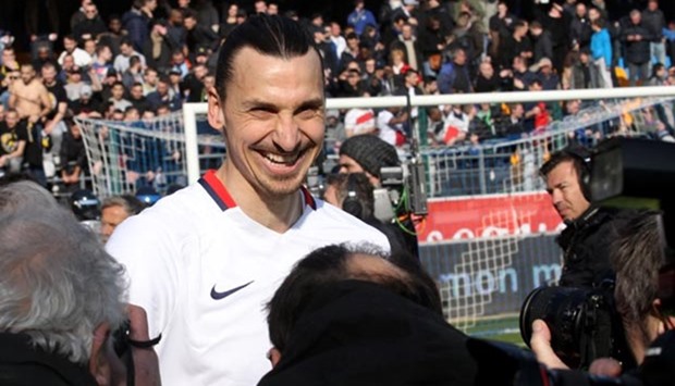 Paris Saint-Germainu2019s Swedish forward Zlatan Ibrahimovic reacts after PSG defeated Troyes in their French Ligue 1 match on Sunday at the Aube Stadium in Troyes.