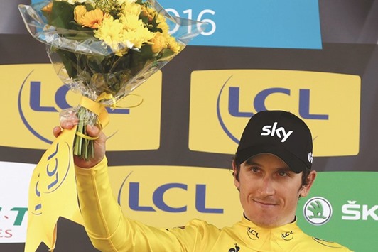 Britainu2019s Geraint Thomas celebrates on the podium after he won the 74th edition of the Paris-Nice cycling race after the seventh and final stage yesterday.