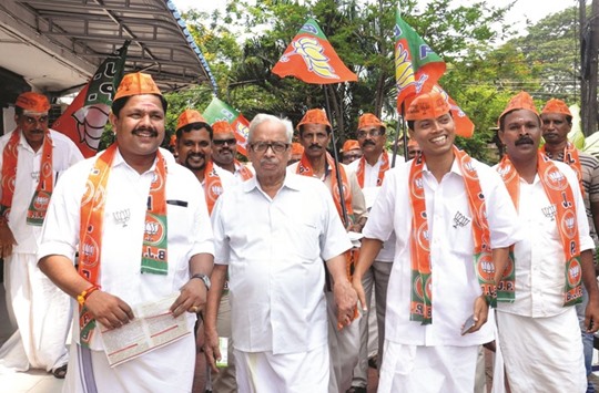 BJP leaders campaign for the upcoming Kerala polls in Kochi yesterday.