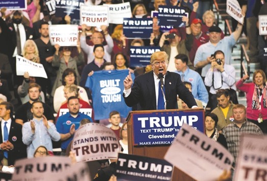 Republican presidential candidate Donald Trump speaks to supporters at a campaign event in Cleveland.