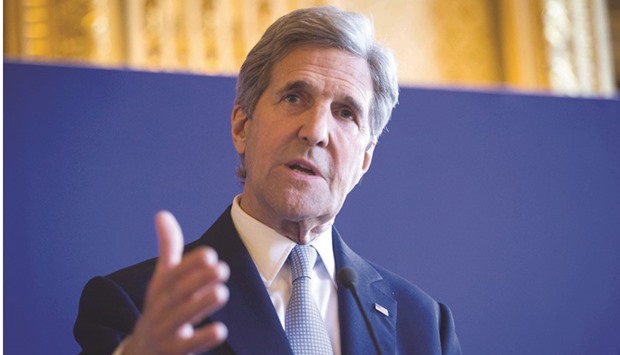 US Secretary of State John Kerry speaks following meeting between the US and its European allies in Paris yesterday.
