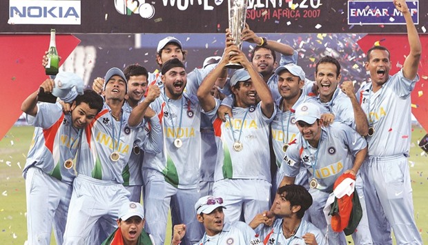 Indian cricketers celebrate with the trophy after winning the inaugural edition of the ICC World Twenty20 tournament, at the Wanderers stadium in Johannesburg in this file photograph dated September 24, 2007. India, led by MS Dhoni, beat Pakistan in the final. (AFP)