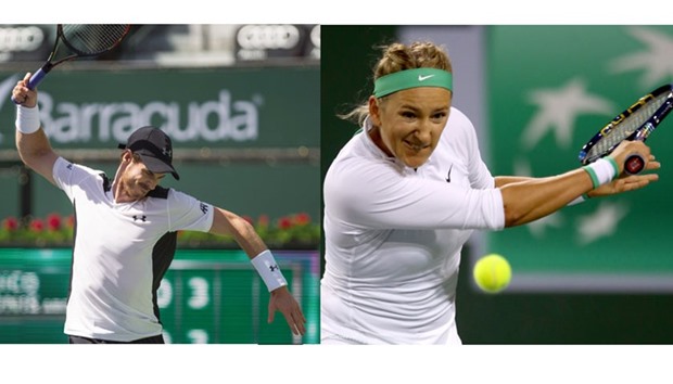 Andy Murray of Great Britain reacts during his match against Federico Delbonis of Argentina at the BNP Paribas Open at the Indian Wells Tennis Garden in Indian Wells, California. Right: Vicotria Azarenka of Belarus returns a shot to Shuai Zhang of China during the BNP Paribas Open at the Indian Wells Tennis Garden in Indian Wells, California. (AFP)
