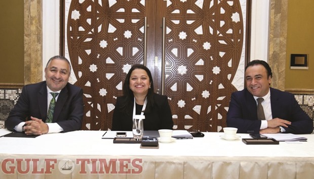 Habib Mahakian, vice-president for Gulf and Pakistan at EMC Corporation; Megha Kumar, senior research manager, software, IDC Middle East, Africa and Turkey; and Samer Diya, country manager, Qatar, EMC Corporation; addressing media persons at the event. PICTURE: Jayan Orma