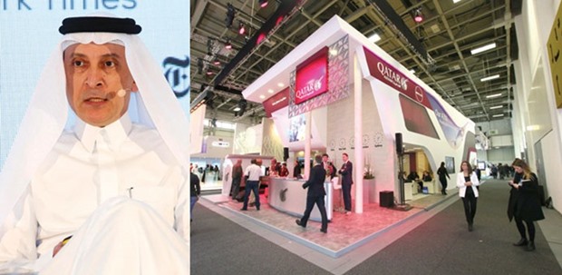 Al-Baker: Extraordinary service. Right: The Qatar Airways exhibition stand at the ITB Berlin where the carrier announced a significant network expansion.