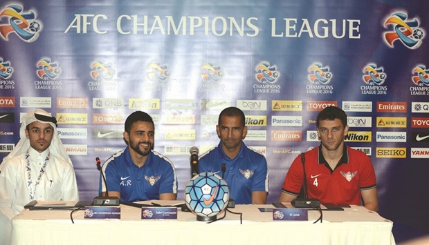 El Jaish coach Sabri Lamouchi (third from left) speaks to the media ahead of his teamu2019s AFC Champions League match against Uzbekistanu2019s Nasaf.