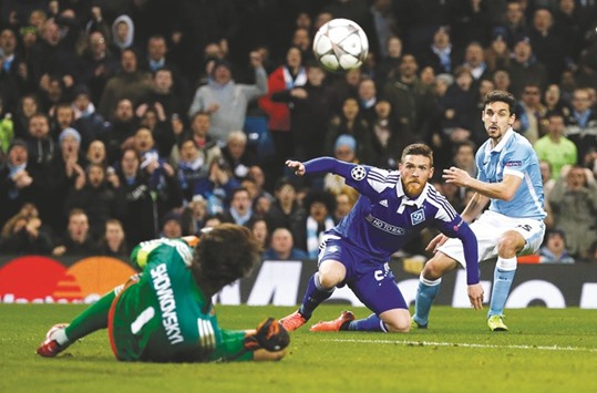 Manchester Cityu2019s Jesus Navas hits the post during the Champions League match against Dynamo Kiev in Manchester. (Reuters)